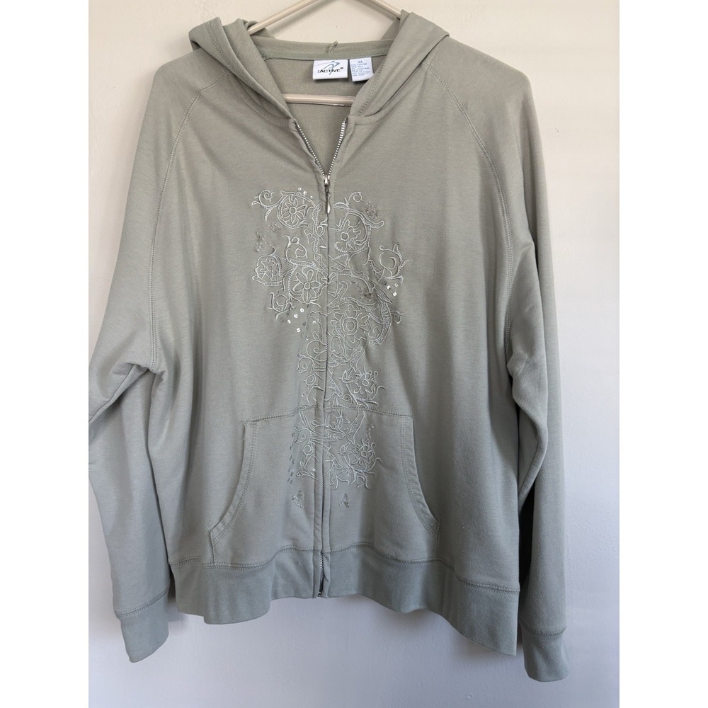 VTG 90s Grunge XL Embroidered Beaded Paisley Sage Zip‎ Up Hoodie Y2K